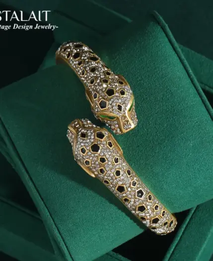 Luxury Vintage 18K Gold Plated Leopard Head Crystal Open Bangle Adjustable Design Women's Fashion Jewelry Gift 1