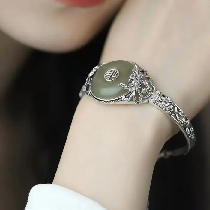 ‌Modern Chinese Revival Fu Symbol Safety Lock Peony Blossom Antique Cuff Elegant Minimalist Feminine Luxury Heritage Bracelet‌ 2