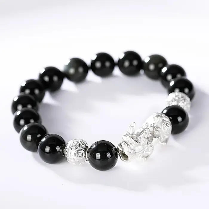 Black Obsidian Stone Bracelets Hand Accessories For Men With Real Sterling Silver Pixiu Feng Shui Crystals Jewelry Armband Heren 3