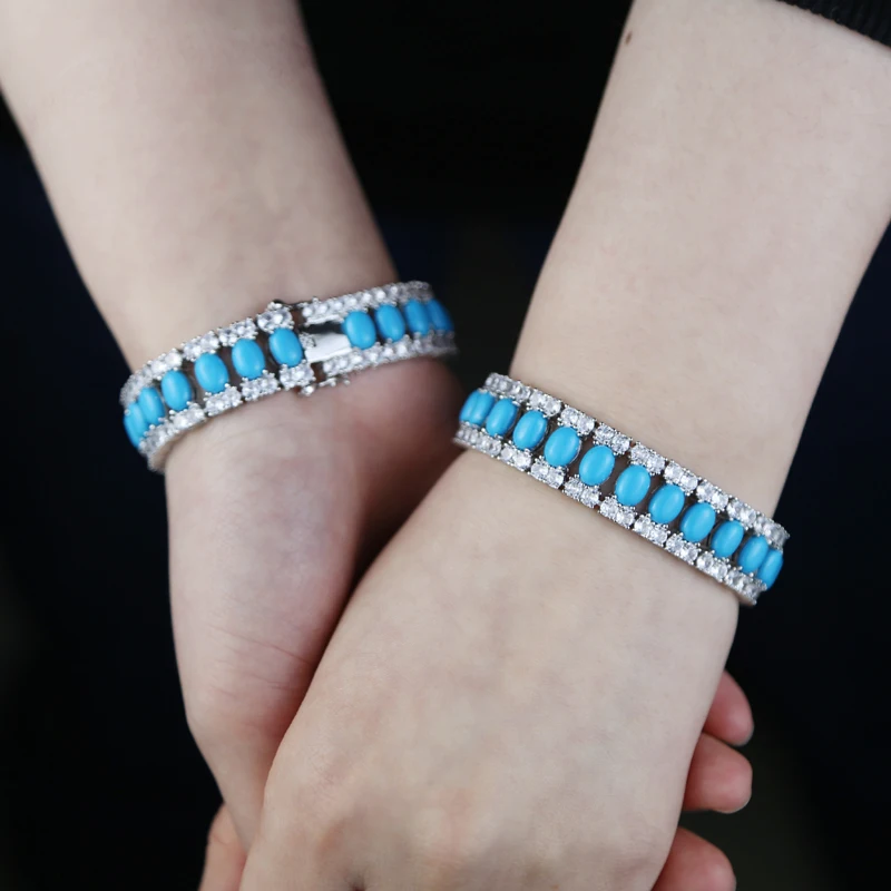 New Women Jewelry Geometric Oval Blue Turquoises Stone Tennis Bracelet For Women