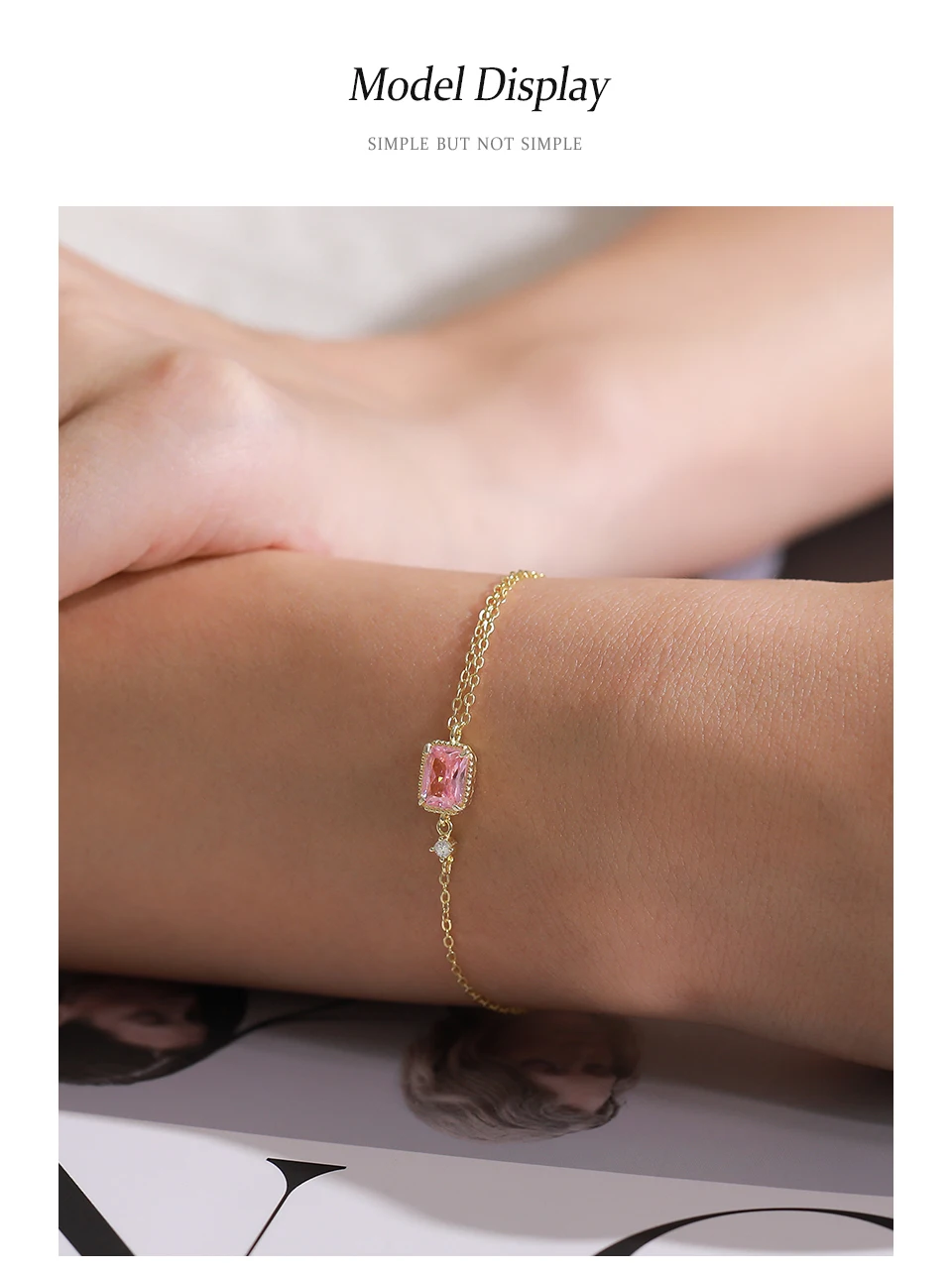 925 Sterling Silver Mini Rectangular Pink Zircon Exquisite Chain Bracelets For Women Girl Holiday Or Anniversary Gold Pla