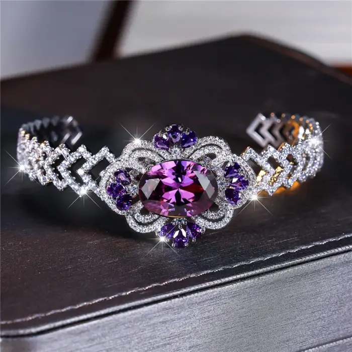 Charm Female Purple Zircon Stone Oval Bracelet Cute Silver Color Adjustable Summer Wedding Jewelry For Women 1