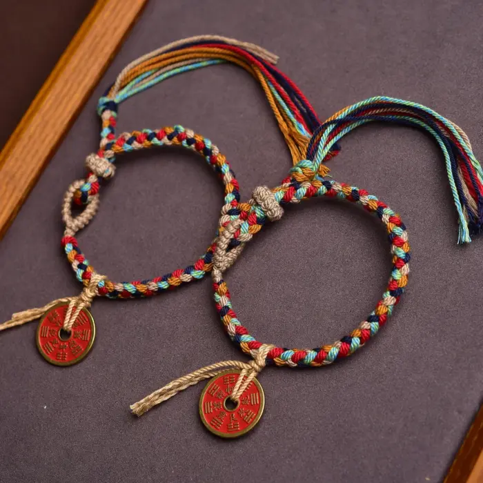 Handmade Good Lucky Tibetan Bracelet Colorful Thread Charm Rope Bracelet & Bangles Knots Red Thread Coin Bracelets Original 3