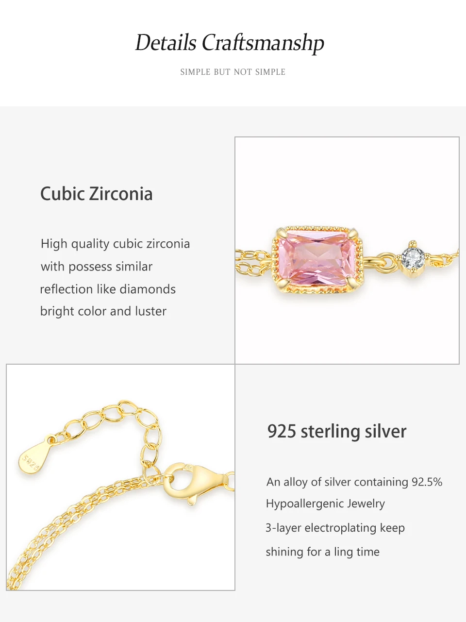 925 Sterling Silver Mini Rectangular Pink Zircon Exquisite Chain Bracelets For Women Girl Holiday Or Anniversary Gold Pla