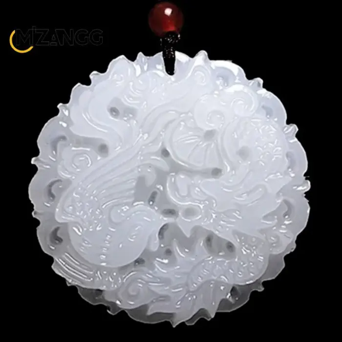 Chinese White Jade Dragon and Phoenix Jade Pendant Double-sided Hollow Carved Couple Necklace Lucky Amulet Gift for Men Women 1