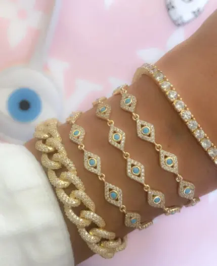 15+4cm gold color filled micro pave cz lovely turkish evil eye charm beads linked bracelet for girl women fashion jewelry 1