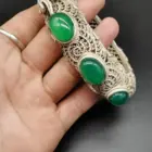 ancient Green Jade Inlaid Tibetan Silver Cuff Bracelet Fashion Personality Jewelry Double Dragon Skeleton Bangles Women 4