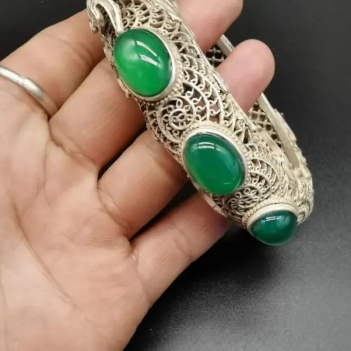 ancient Green Jade Inlaid Tibetan Silver Cuff Bracelet Fashion Personality Jewelry Double Dragon Skeleton Bangles Women 4