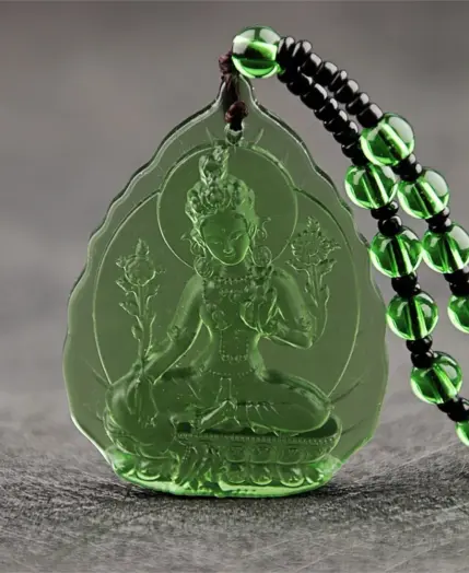 Ice Green Crystal Carved Lotus GuanYin Buddhism Lucky Amulet Pendant Charm Tibetan Buddha Religion Beads Necklaces Jewelry Gift 1