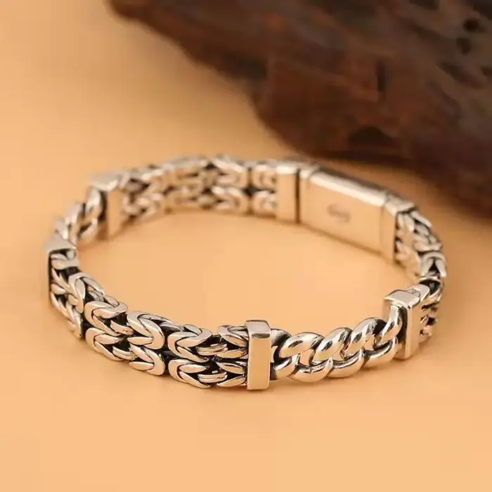 S925 Sterling Silver Double-Layer Peace Print Bracelet Woven Retro Personality National Tide National Style Hand Jewelry Gift 3