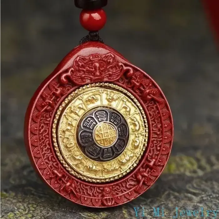 Natural Mineral Vermilion Sand Nine Eight Trigrams Pendant Necklace Jewelry Chinese Healing Women Men Lucky Gift Sweater Chain 2