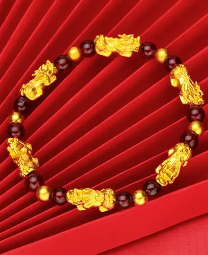 Women's 24K Gold (AU999) Pi Xiu Prayer Bead Bracelet | Matte-Gilt Two-Tone Pi Xiu, Chiseled Heart Sutra on Fortune Beads 1