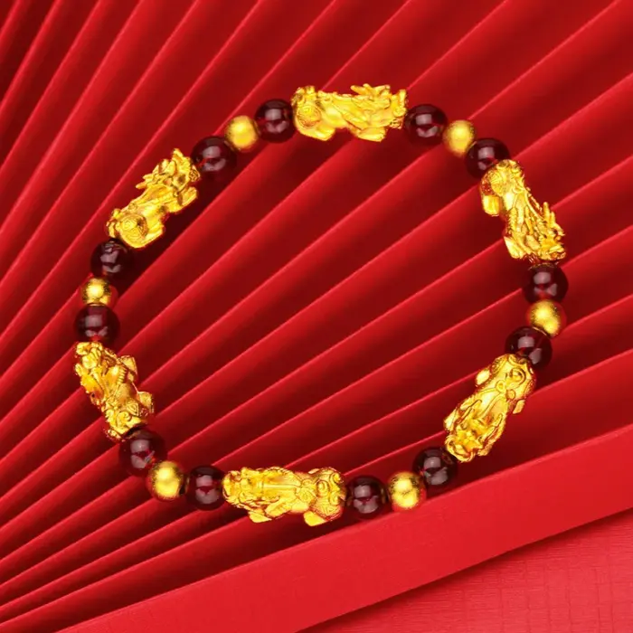 Women's 24K Gold (AU999) Pi Xiu Prayer Bead Bracelet | Matte-Gilt Two-Tone Pi Xiu, Chiseled Heart Sutra on Fortune Beads 1 Women's 24K Gold (AU999) Pi Xiu Prayer Bead Bracelet | Matte-Gilt Two-Tone Pi Xiu, Chiseled Heart Sutra on Fortune Beads 1
