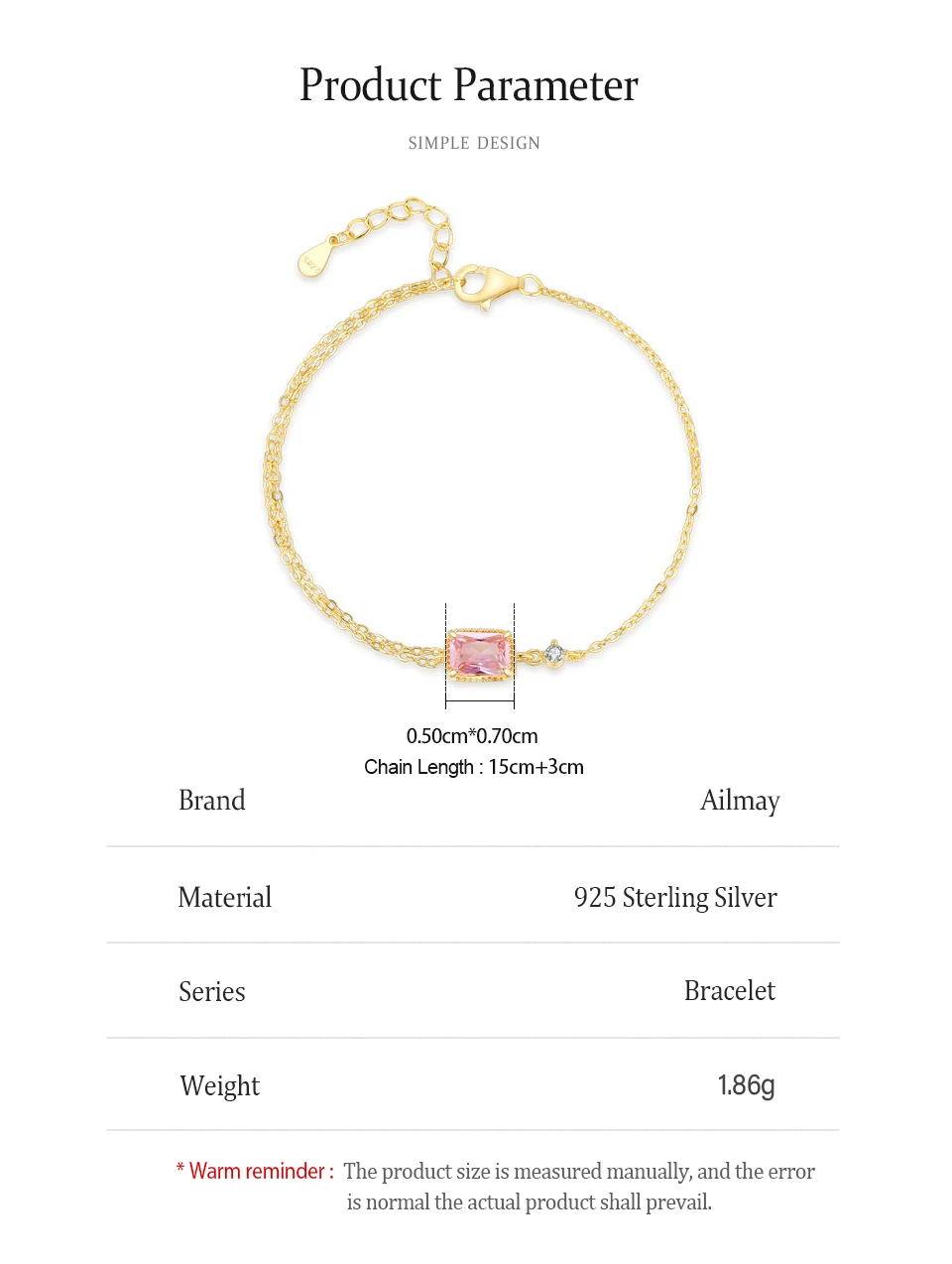 925 Sterling Silver Mini Rectangular Pink Zircon Exquisite Chain Bracelets For Women Girl Holiday Or Anniversary Gold Pla