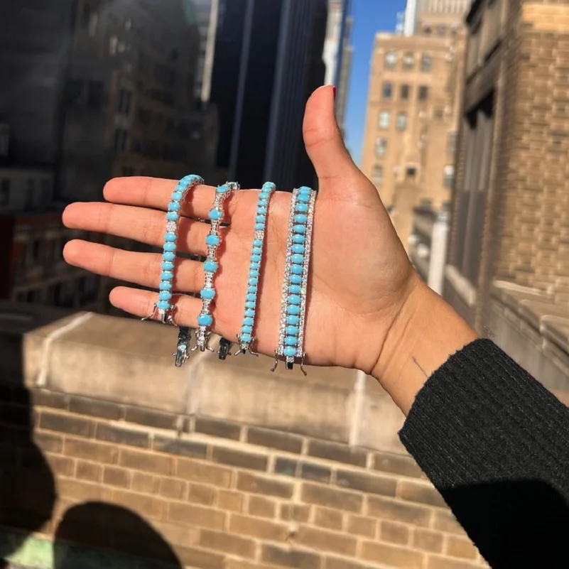New Women Jewelry Geometric Oval Blue Turquoises Stone Tennis Bracelet For Women