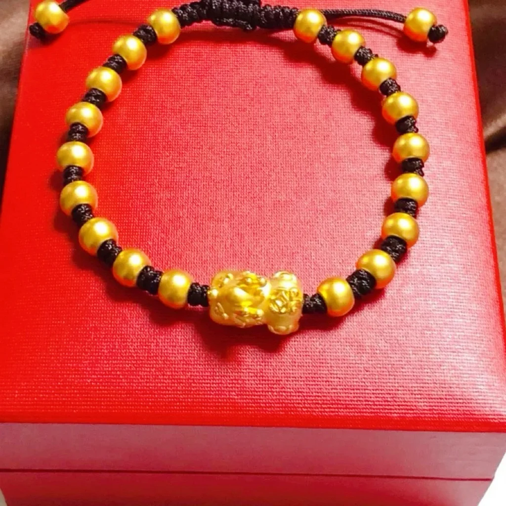 Chinese Pixiu Lucky Bead Gold Bracelet! 24K Gold AU999 Women's, Translucent Beads + Matte Pixiu, Adjustable Cord, Birth Year