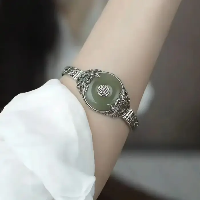 ‌Modern Chinese Revival Fu Symbol Safety Lock Peony Blossom Antique Cuff Elegant Minimalist Feminine Luxury Heritage Bracelet‌ 4