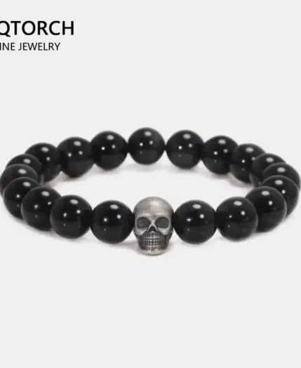 Vintage 925 Sterling Silver Skull Beaded Bracelet Natural Tiger Eye Agate Stone Beads Men Women Couple Fine Jewelry 1