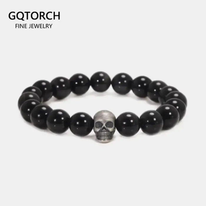 Vintage 925 Sterling Silver Skull Beaded Bracelet Natural Tiger Eye Agate Stone Beads Men Women Couple Fine Jewelry 1