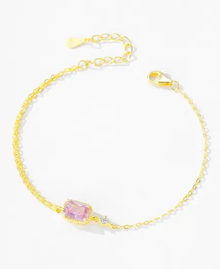 Ailmay 925 Sterling Silver Mini Rectangular Pink Zircon Exquisite Chain Bracelets For Women Girl Holiday Or Anniversary Gold Pla 3