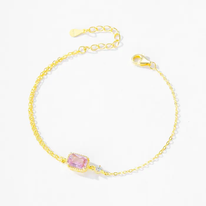 Ailmay 925 Sterling Silver Mini Rectangular Pink Zircon Exquisite Chain Bracelets For Women Girl Holiday Or Anniversary Gold Pla 3
