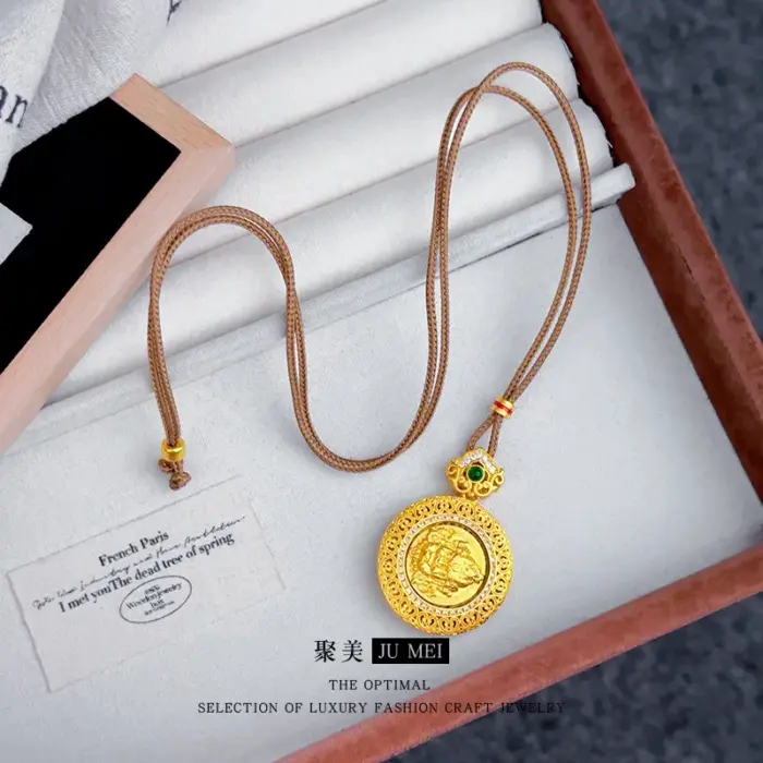 New Chinese style 9999 24K real gold hollow filament point diamond rotatable yellow wealth god compass pendant rope necklace 3