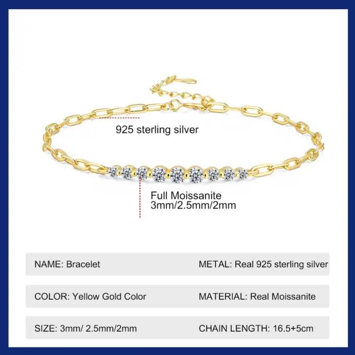 Sweetrain Full Moissanite Bracelets for Women Adjustable Chain 925 Sterling Silver Plated 18K Gold Dainty Bracelet GRA Certified 2