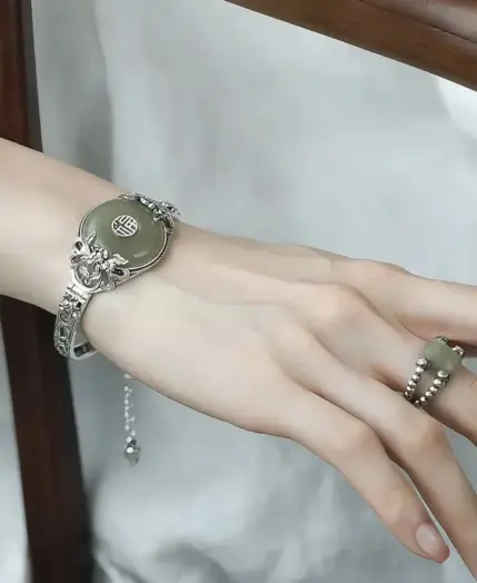Modern Chinese Revival Fu Symbol Safety Lock Peony Blossom Antique Cuff Elegant Minimalist Feminine Luxury Heritage Bracelet 6