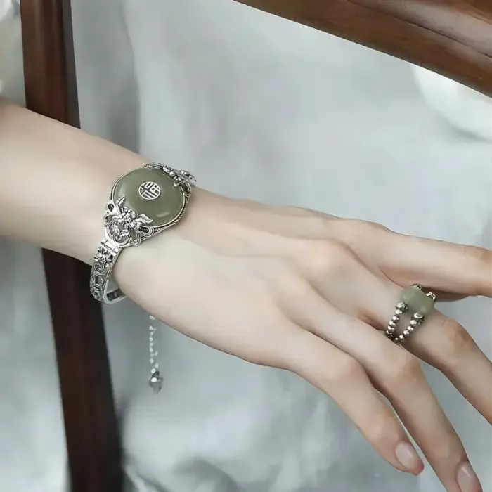 ‌Modern Chinese Revival Fu Symbol Safety Lock Peony Blossom Antique Cuff Elegant Minimalist Feminine Luxury Heritage Bracelet‌ 6