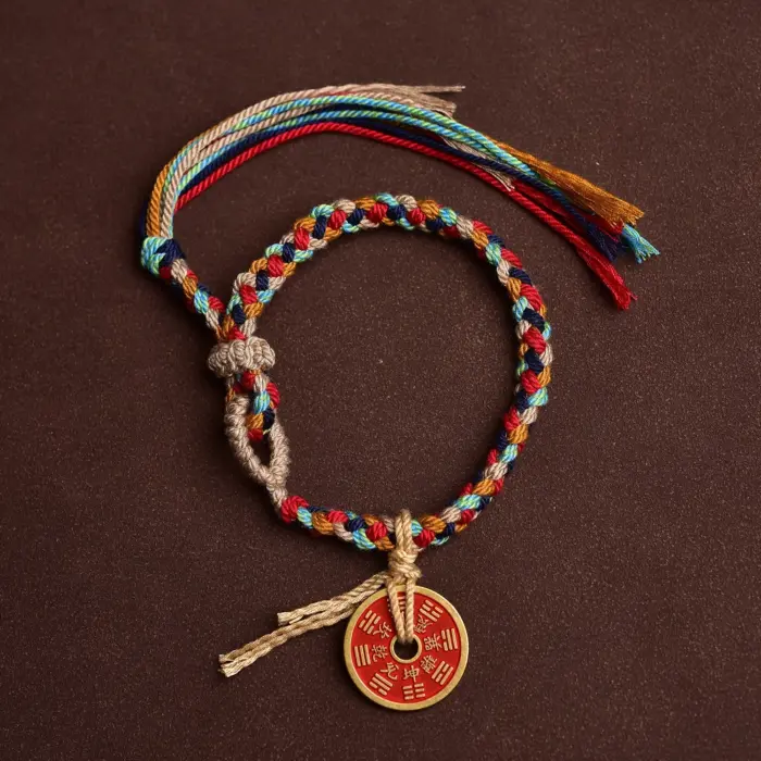 Handmade Good Lucky Tibetan Bracelet Colorful Thread Charm Rope Bracelet & Bangles Knots Red Thread Coin Bracelets Original 2