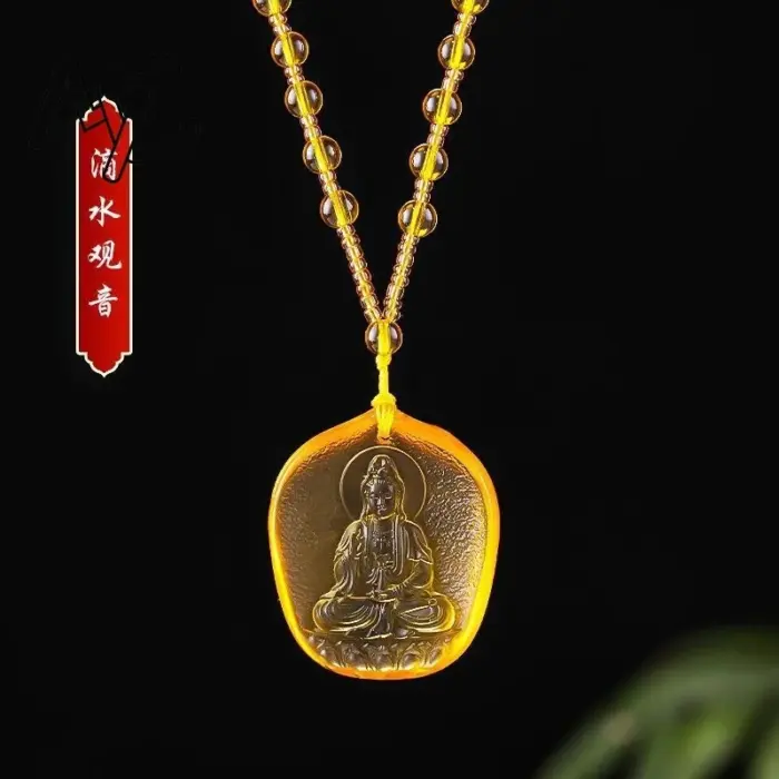 Chinese Yellow crystal Water Droplet Guanyin Bodhisattva Pendant Jewellery Fashion Hand-Carved Accessories DIY Women Man Amulet 3
