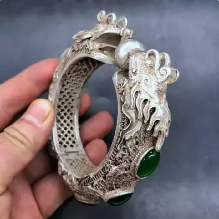 ancient Green Jade Inlaid Tibetan Silver Cuff Bracelet Fashion Personality Jewelry Double Dragon Skeleton Bangles Women 5