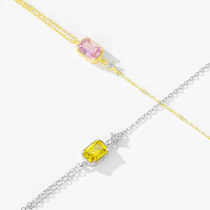 Ailmay 925 Sterling Silver Mini Rectangular Pink Zircon Exquisite Chain Bracelets For Women Girl Holiday Or Anniversary Gold Pla 4