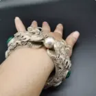ancient Green Jade Inlaid Tibetan Silver Cuff Bracelet Fashion Personality Jewelry Double Dragon Skeleton Bangles Women 1