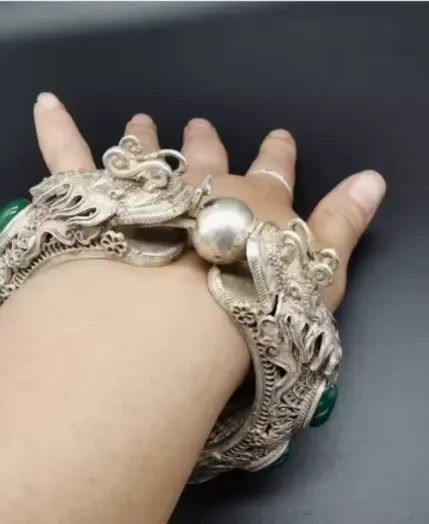 ancient Green Jade Inlaid Tibetan Silver Cuff Bracelet Fashion Personality Jewelry Double Dragon Skeleton Bangles Women 1