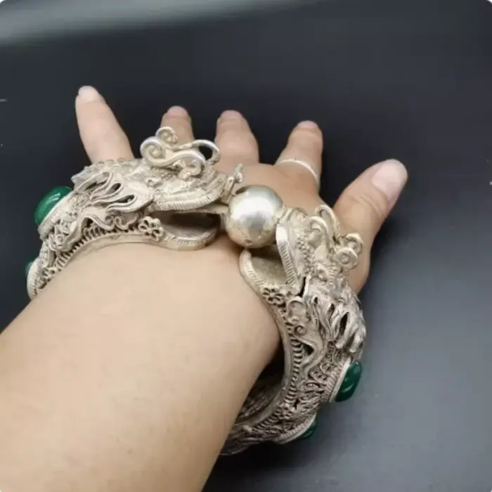 ancient Green Jade Inlaid Tibetan Silver Cuff Bracelet Fashion Personality Jewelry Double Dragon Skeleton Bangles Women 1