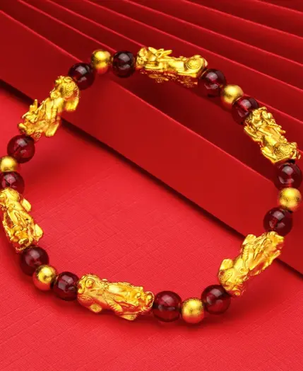 Women's 24K Gold (AU999) Pi Xiu Prayer Bead Bracelet | Matte-Gilt Two-Tone Pi Xiu, Chiseled Heart Sutra on Fortune Beads 2