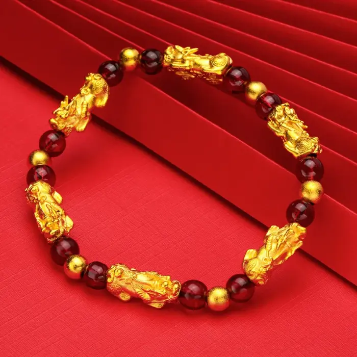 Women's 24K Gold (AU999) Pi Xiu Prayer Bead Bracelet | Matte-Gilt Two-Tone Pi Xiu, Chiseled Heart Sutra on Fortune Beads 2 Women's 24K Gold (AU999) Pi Xiu Prayer Bead Bracelet | Matte-Gilt Two-Tone Pi Xiu, Chiseled Heart Sutra on Fortune Beads 2