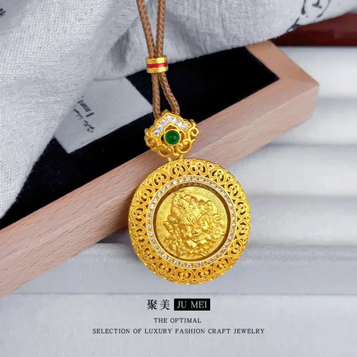 New Chinese style 9999 24K real gold hollow filament point diamond rotatable yellow wealth god compass pendant rope necklace 4