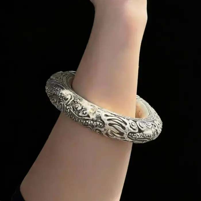 Mai Chuang/Tibetan Silver Chinese Zodiac Embossed Dragon and Phoenix Bangle Accessories Exquisite for Men and Women Couple Gift 4