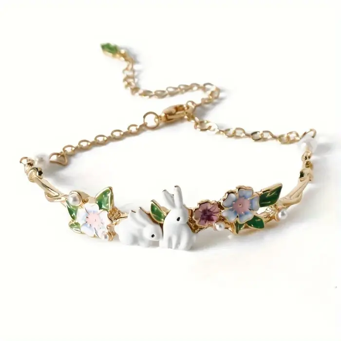 Cute bunny flower bracelet, pearl zodiac animal bracelet, cute, kawaii, Easter gift 6