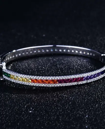 Platinum Plated Cuff Bracelet Cubic Zirconia Rainbow Gradient Jewelry Gift for Women Her Wedding Anniversary Luxury Jewelry 3