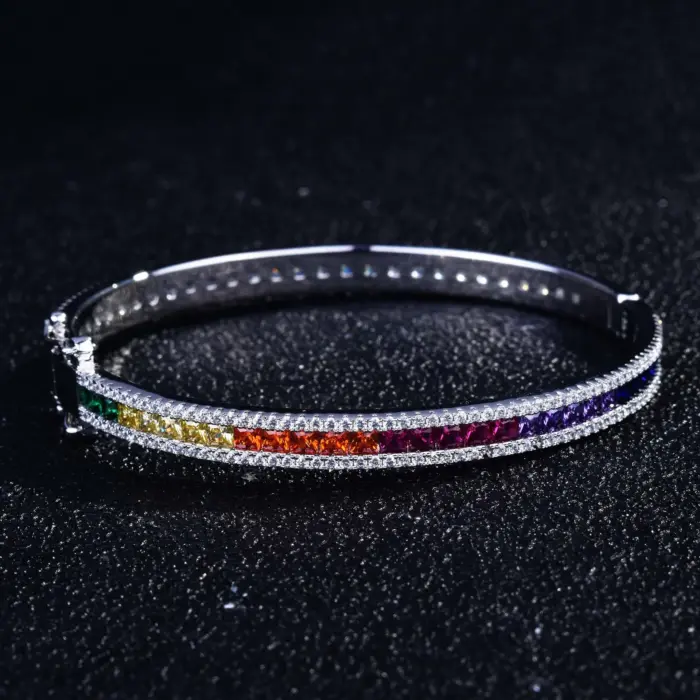 Platinum Plated Cuff Bracelet Cubic Zirconia Rainbow Gradient Jewelry Gift for Women Her Wedding Anniversary Luxury Jewelry 3