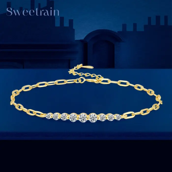 Sweetrain Full Moissanite Bracelets for Women Adjustable Chain 925 Sterling Silver Plated 18K Gold Dainty Bracelet GRA Certified 1