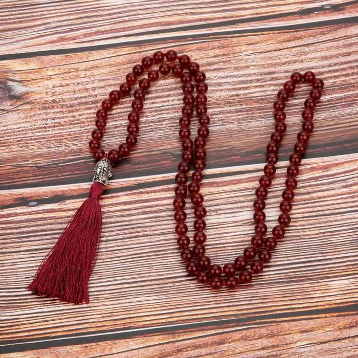 8mm Natural Carnelian Beaded Knotted Necklace Meditation Yoga Blessing Jewelry 108 Japamala Rosary Buddha Head Pendant 1