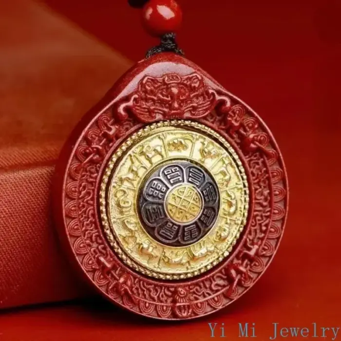 Natural Mineral Vermilion Sand Nine Eight Trigrams Pendant Necklace Jewelry Chinese Healing Women Men Lucky Gift Sweater Chain 3