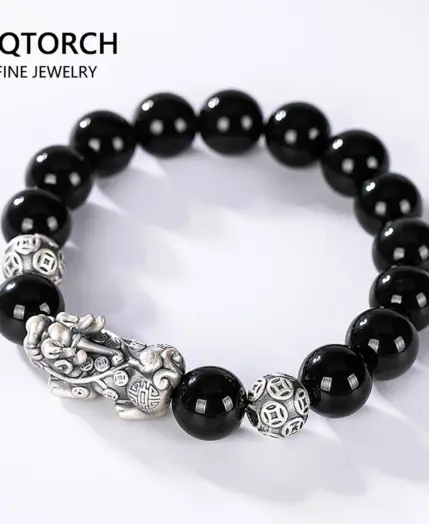 Black Obsidian Stone Bracelets Hand Accessories For Men With Real Sterling Silver Pixiu Feng Shui Crystals Jewelry Armband Heren 1