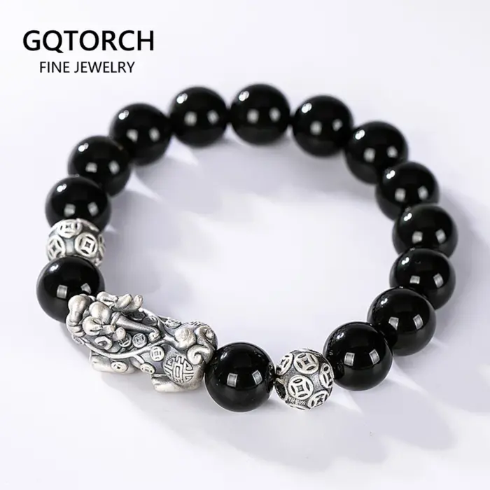 Black Obsidian Stone Bracelets Hand Accessories For Men With Real Sterling Silver Pixiu Feng Shui Crystals Jewelry Armband Heren 1