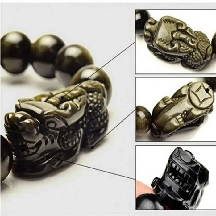 Natural Obsidian Beads Bracelet Gold Color Energy Stone Hand String Pixiu Lucky Brave Troops Women Men Jewelry 4