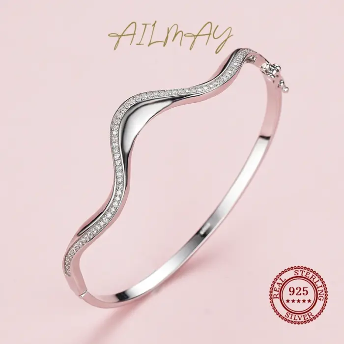Ailmay Solid 925 Sterling Silver Irregular New Fashion Simple Wave Line Bracelets Clear Zircon Europe Wedding Engagement Jewelry 5